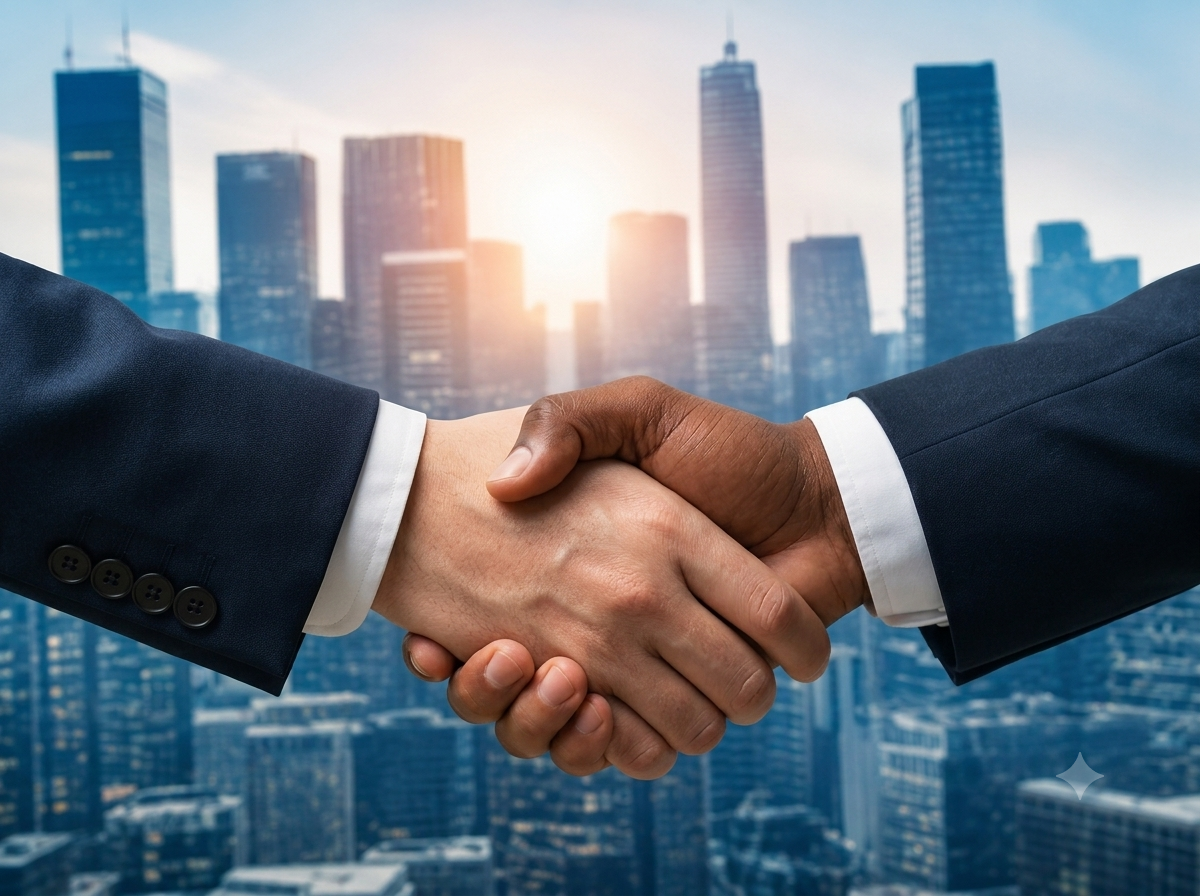 Two corporate professionals shaking hands with a modern city skyline at sunrise