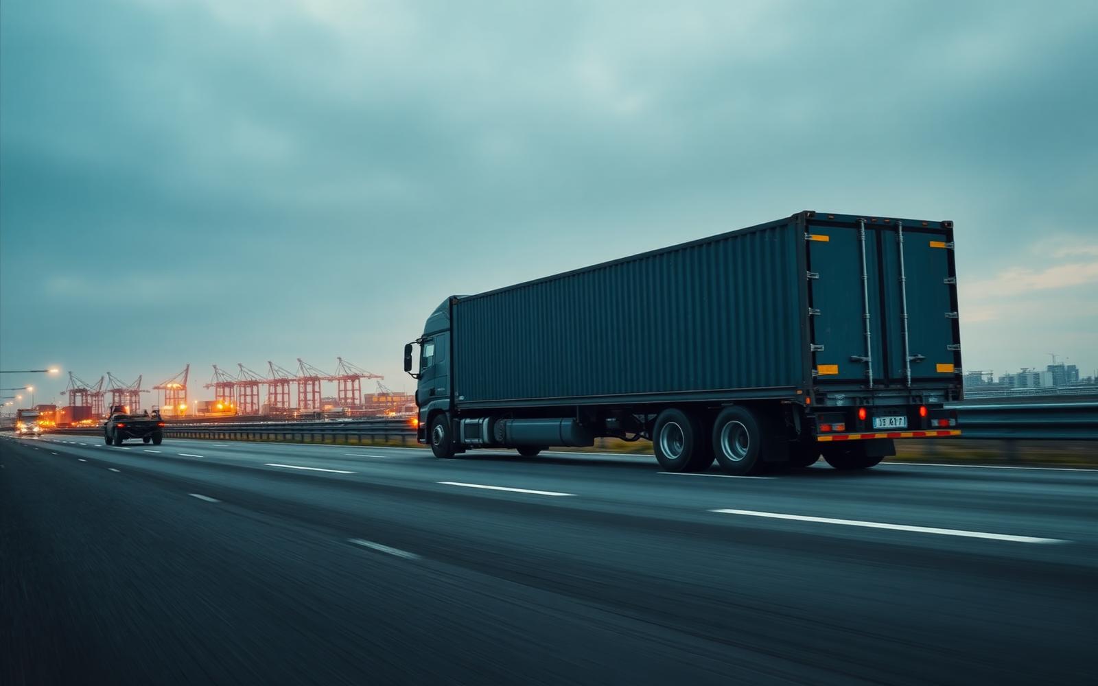 Container truck moving along a highway near an industrial port
